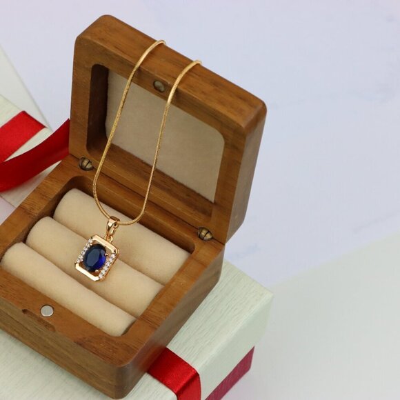 "Rose Gold Rectangle Pendant with Blue Stone and Crystal Accents, XPPT1276 - Picture 8 of 13